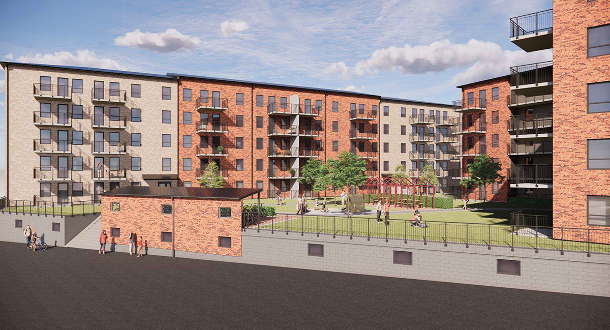 Illustration som visar flerbostadshusen som BD Bygg bygger på fastigheten Skidan i Kronandalen. Illustration: Norconsult