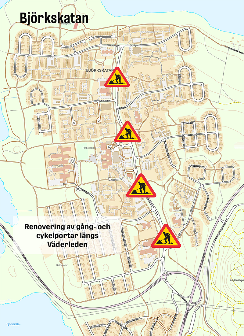 Karta som visar var vi ska renovera gång- och cykelportar längs Väderleden