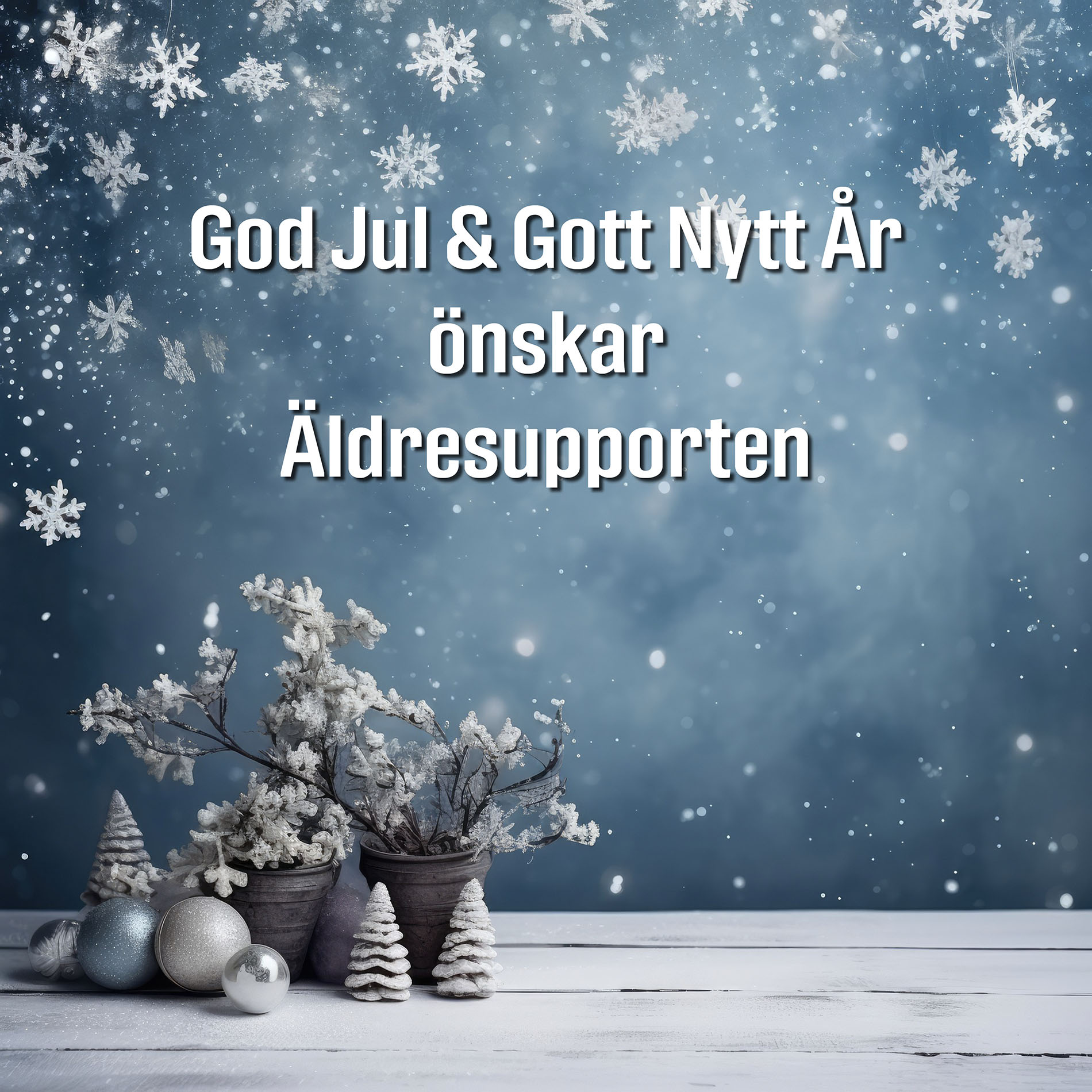 Ett bord med julkulor och kvistar med snö