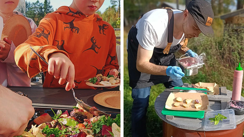 Barn tar för sig av närodlad mat på Benzelius