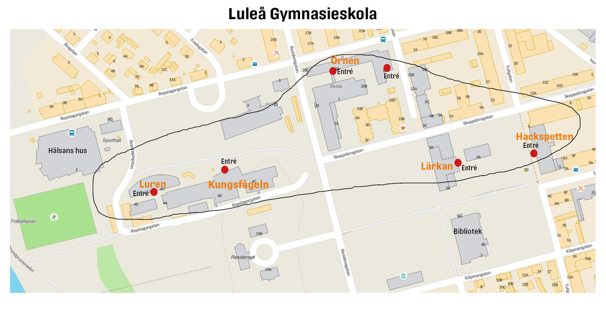 Karta över kvarteren i Luleå gymnasieby