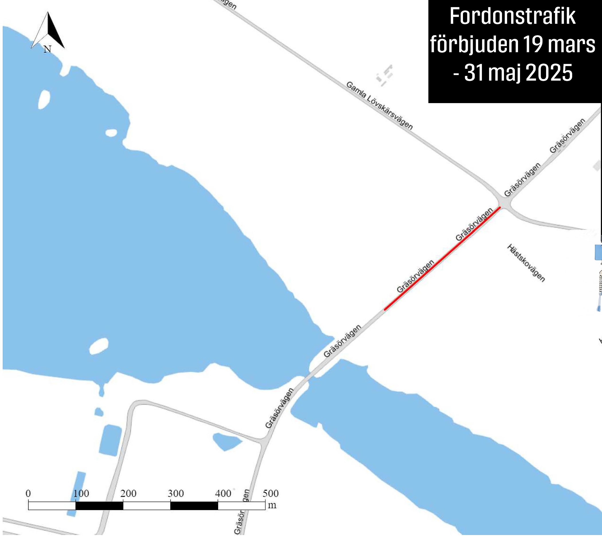 På markerade sträckor på Gräsörvägen enligt kartbild får fordon inte föras.